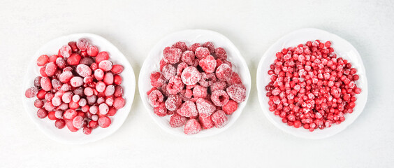 Frozen dogwood, raspberry and currant in saucers.