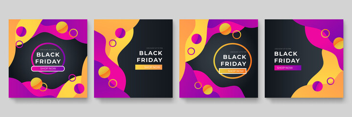Black Friday sale 2021 design for social media template. Gradient social media post banner template for Black Friday festival. Fashion sales social media post, web ads banner, Promotional ads design.