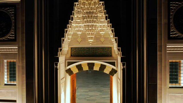 Mosque at night. Drone moves back slowly away. The Mosque, occupying an area of 15000 square meters on the Camlica Hill of Istanbul. Close up, Aerial view