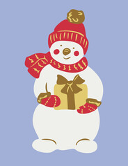 Vector illustration of snowman with present in his hands. Isolated snowman is wearing cap, scarf and gloves.