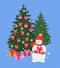 Fototapeta na wymiar Vector illustration with Christmas tree with baubles, snowman and presents. Bright design for postcard.