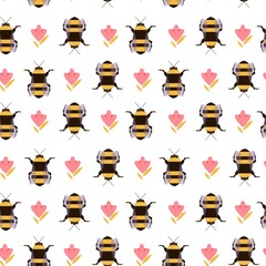 Seamless vector pattern with bumble bee and flower elements. Background with insects