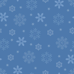 Christmas, New Year, holidays seamless pattern with painted snowflakes on a blue background. Winter texture for printing, paper, design, fabric, decor, gift, food packaging, backgrounds.