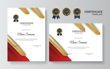 Red and gold certificate of achievement template with gold badge and border frame design