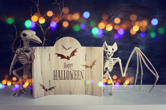 holidays image of Halloween. spiders, skeletons and wooden board frame with text