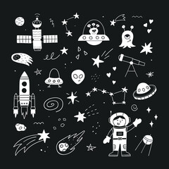 Hand drawn cute black and white space set. Vector illustration. Planets, aliens, rockets, UFO, stars on black background.
