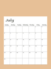 July 2022. Calendar planner design template. Week starts on Sunday.