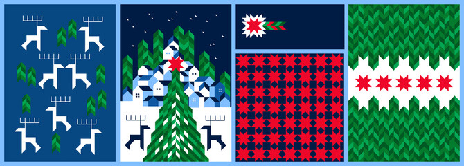 Christmas and New Year Cards, Pattern Set. Geometric, Modern, Minimalist style. Corporate Holiday cards, invitations, backgrounds, greeting, posters, covers, print. Sketch Vector illustration. © Jo_Ana