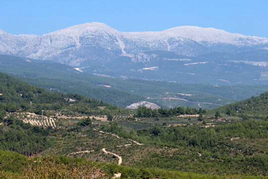 A partial view of the Taurus Mountains chain in Adana and deforestration because of cutting to establish olive orchards 