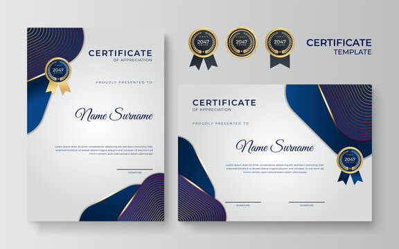 Blue and gold certificate template. Modern blue certificate award or diploma template set of two, portrait and landscape design in A4 size. Suit for business, education, award and more