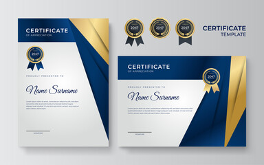 Blue and gold certificate template. Modern blue certificate award or diploma template set of two, portrait and landscape design in A4 size. Suit for business, education, award and more