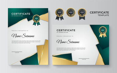 Green and gold certificate of achievement templates with elements of luxury gold badges, green shapes, and modern line patterns. Vector graphic print layout can use for award, appreciation, education