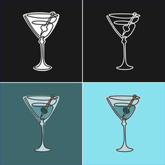 One line drawing martini glass with olive on various background. Four types of images. Colored cartoon graphic sketch. Continuous line way. Hand drawn party drinks concept. Freehand drawing style