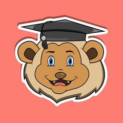 Animal Face Sticker With Lion Wearing Graduate Hat. Character Design.