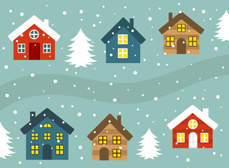 Fototapeta na wymiar Winter town, cute colorful houses.