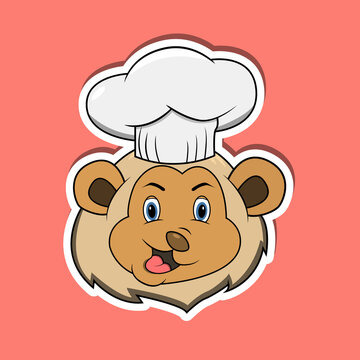 Animal Face Sticker With Lion Wearing Chef Hat. Character Design.