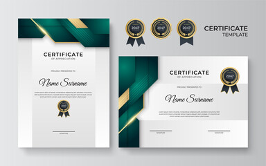 Elegant and professional green and gold award certificate template. Modern simple certificate with gold badge and border vector template