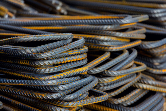Steel Rebars for reinforced concrete. Steel reinforcement bar texture in construction site.