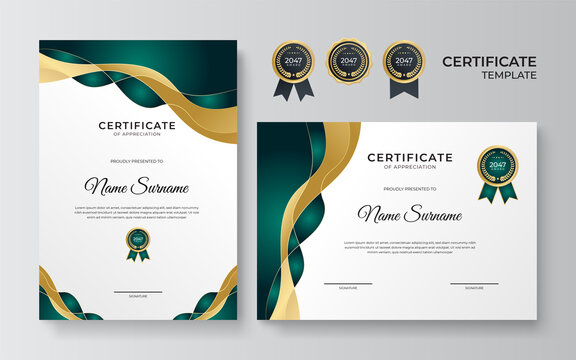 Elegant And Professional Green And Gold Award Certificate Template. Modern Simple Certificate With Gold Badge And Border Vector Template