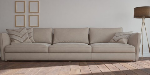 modern room with sofa,pillows and lamp, and wood frames on wall interior design. 3D illustration