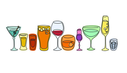 One line drawing vermouth whiskey vodka liquor red wine tequila champagne rum beer martini glass in row. Cartoon graphic sketch. Continuous line way. Hand drawn party drinks concept. Freehand drawing