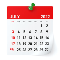 July 2022 - Calendar. Isolated on White Background. 3D Illustration