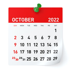 October 2022 - Calendar. Isolated on White Background. 3D Illustration - obrazy, fototapety, plakaty