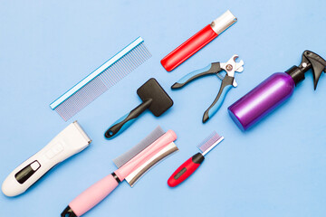 Layout of grooming tools on a blue background.