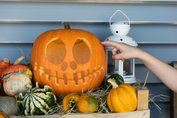 Child hand reaching halloween jack o lantern pumpkin