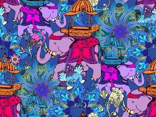 Indian style pattern. Elephants, flowers and paisley