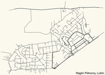 Detailed navigation urban street roads map on vintage beige background of the quarter Węglin Północny district of the Polish regional capital city of Lublin, Poland