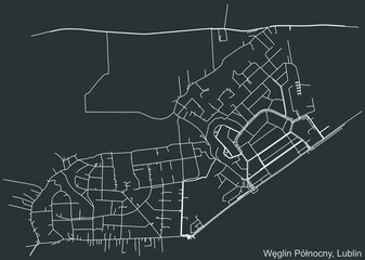 Detailed negative navigation urban street roads map on dark gray background of the quarter Węglin Północny district of the Polish regional capital city of Lublin, Poland - obrazy, fototapety, plakaty