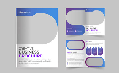 Corporate business Bifold brochure design. Blue template for bi-fold flyer. Layout with modern triangle photo and abstract background. Creative concept folded flyer or brochure.