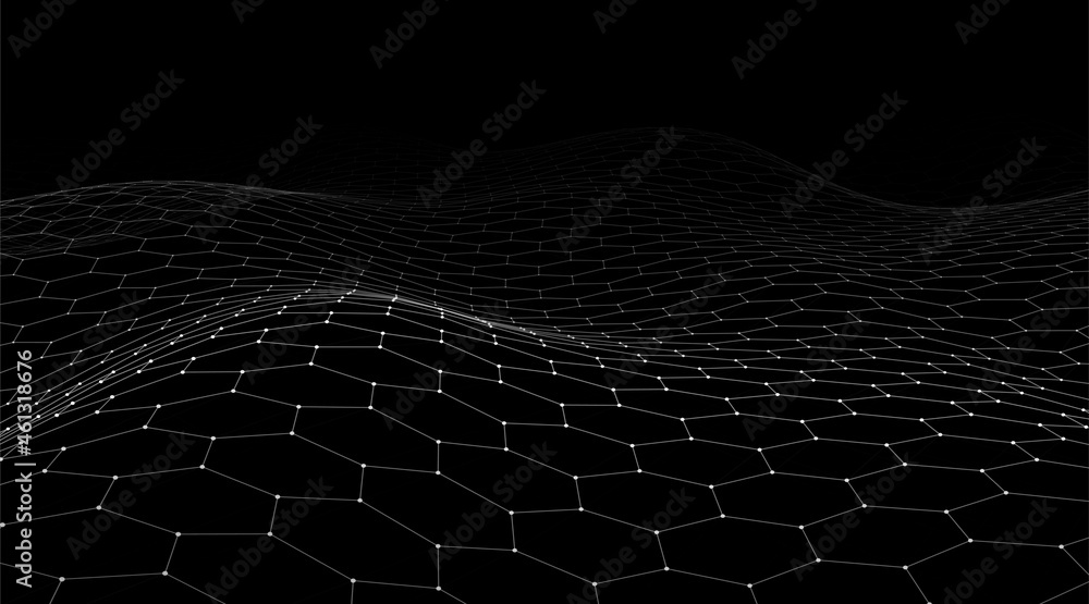 Poster futuristic black hexagon dynamic wave. futuristic honeycomb concept. digital technology web flow. bi