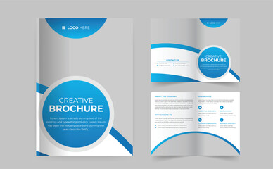 Corporate business Bifold brochure design. Blue template for bi-fold flyer. Layout with modern triangle photo and abstract background. Creative concept folded flyer or brochure.