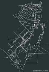 Detailed negative navigation urban street roads map on dark gray background of the quarter Zemborzyce district of the Polish regional capital city of Lublin, Poland