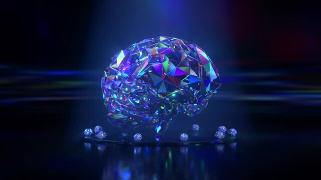 The diamond brain rotates on a black background. Artificial intelligence concept. Seamless loop animation