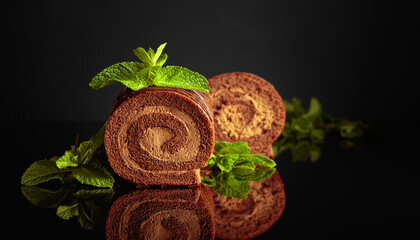 Chocolate roll cake with mint on a black background.