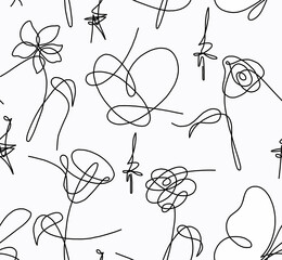 Abstract drawing of a flower with black lines on a white background.Seamless pattern.