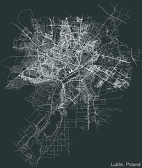 Detailed negative navigation urban street roads map on dark gray background of the Polish regional capital city of Lublin, Poland - obrazy, fototapety, plakaty