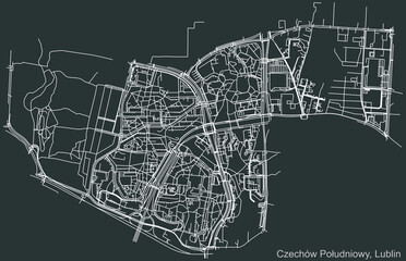 Detailed negative navigation urban street roads map on dark gray background of the quarter Czechów Południowy district of the Polish regional capital city of Lublin, Poland