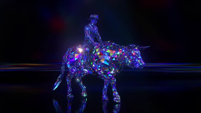 Diamond collection. Cowboy riding a bull. Nature and animals concept. 3D animation seamless loop. Lowpoly.