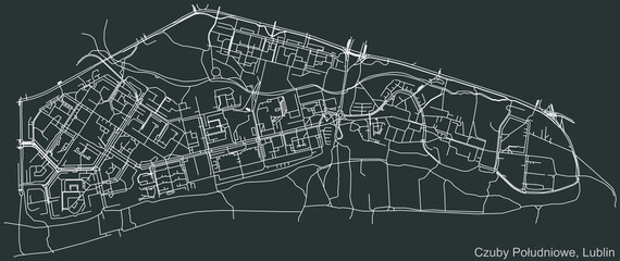 Detailed negative navigation urban street roads map on dark gray background of the quarter Czuby Południowe district of the Polish regional capital city of Lublin, Poland - obrazy, fototapety, plakaty