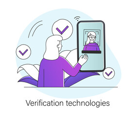 Verification technologies. Woman confirms her identity using digital scanner. Character gets access to account. Information security. Cartoon flat vector illustration isolated on white background