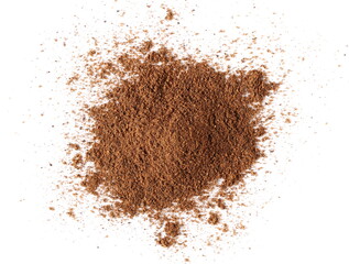 Pile ground, milled nutmeg powder isolated on white background, top view 