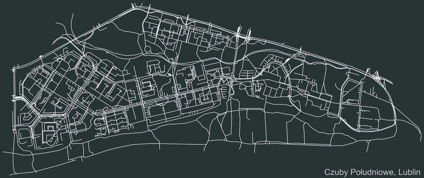 Detailed negative navigation urban street roads map on dark gray background of the quarter Czuby Południowe district of the Polish regional capital city of Lublin, Poland