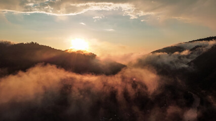 Aerial View of Sunset in Mountains