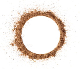 Pile ground, milled nutmeg powder isolated on white background, top view 