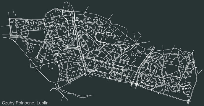 Detailed negative navigation urban street roads map on dark gray background of the quarter Czuby Północne district of the Polish regional capital city of Lublin, Poland