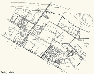 Detailed navigation urban street roads map on vintage beige background of the quarter Felin district of the Polish regional capital city of Lublin, Poland